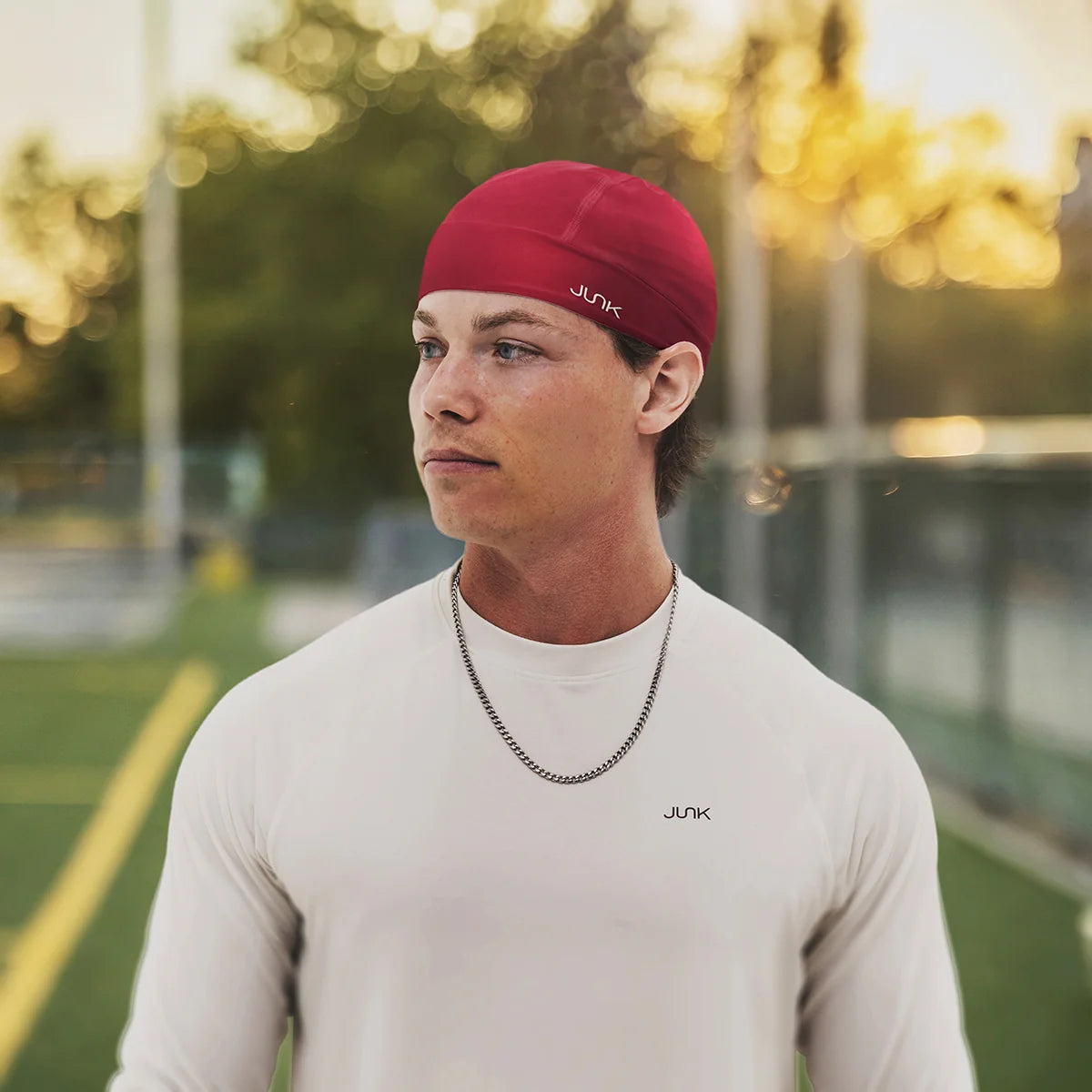 Athlete wearing a performance skull cap